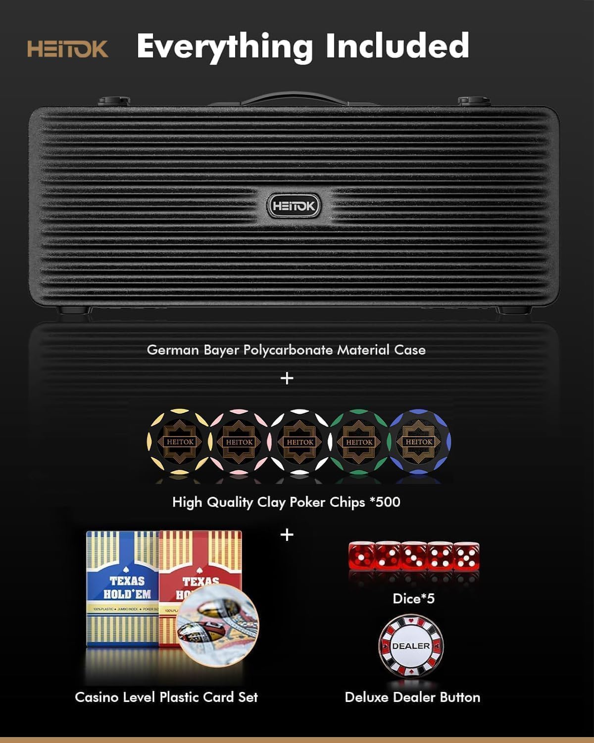 Clay Poker Chip Set for Texas Hold’em, 500-Piece Professional Casino Blackjack Poker Set, Features a high-end Carrying case with Leather Interior Design and German Polycarbonate Shell