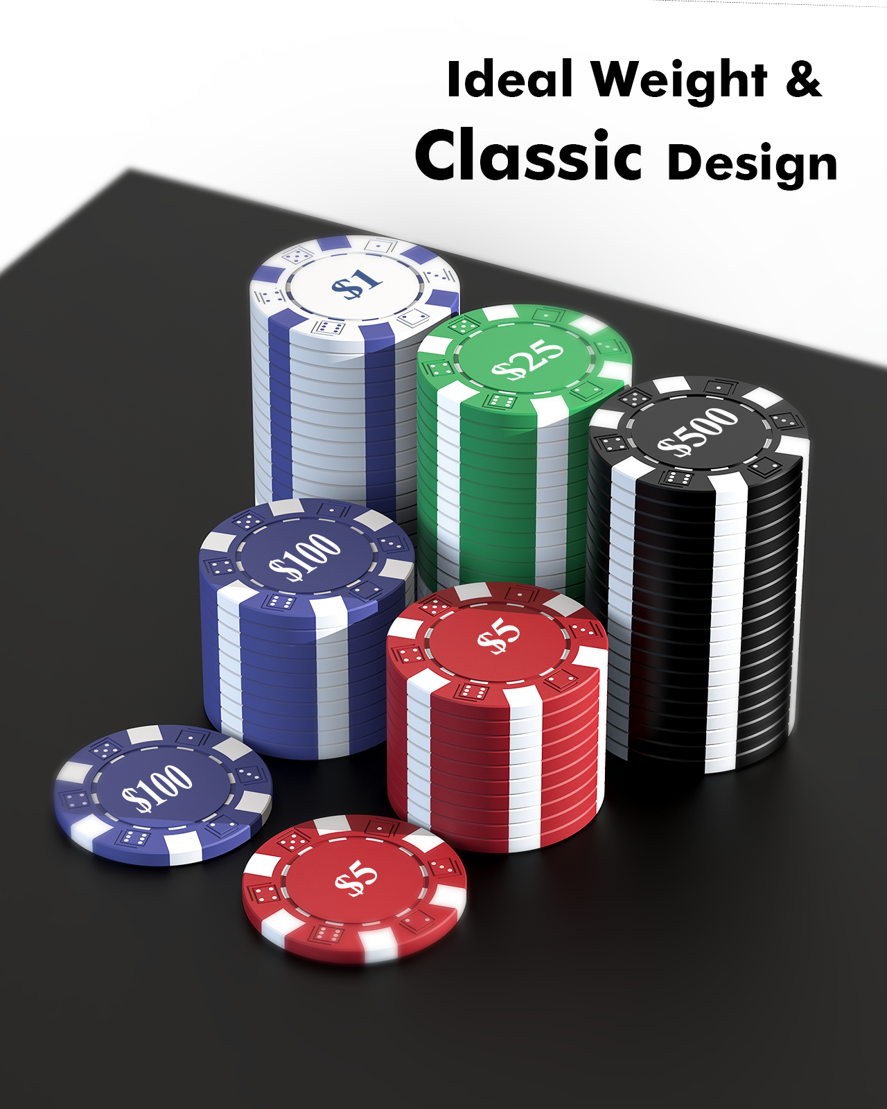 100PCS Classic Poker Chips with Denominations