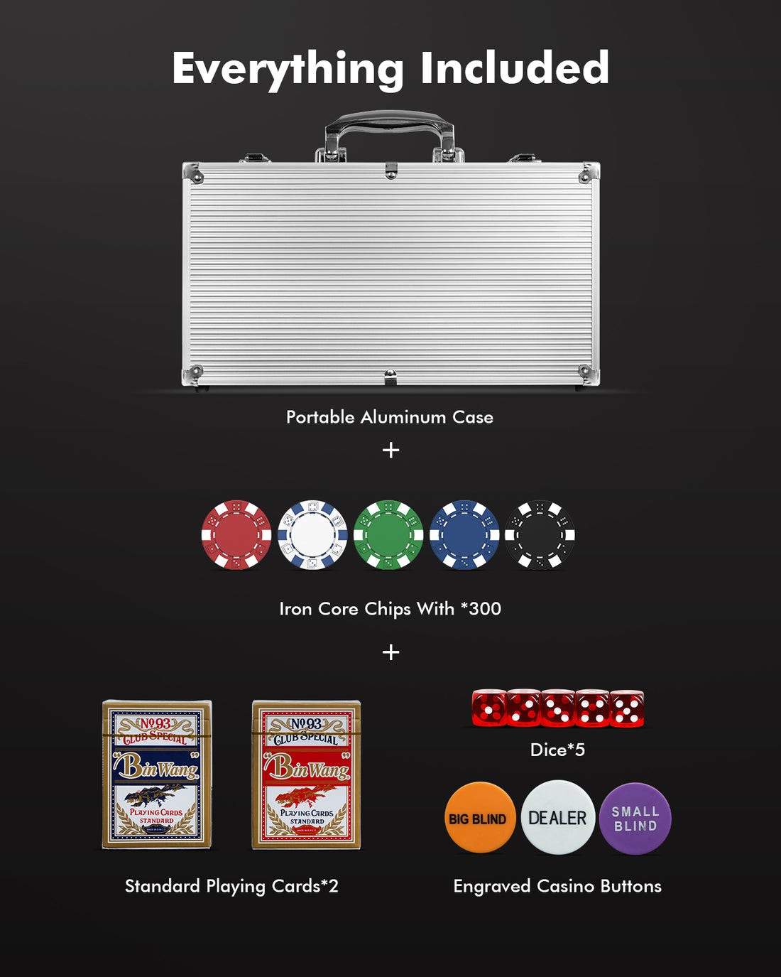 HEITOK - 300PCS Non-Numbered Poker Chips Set Classic Poker Chips