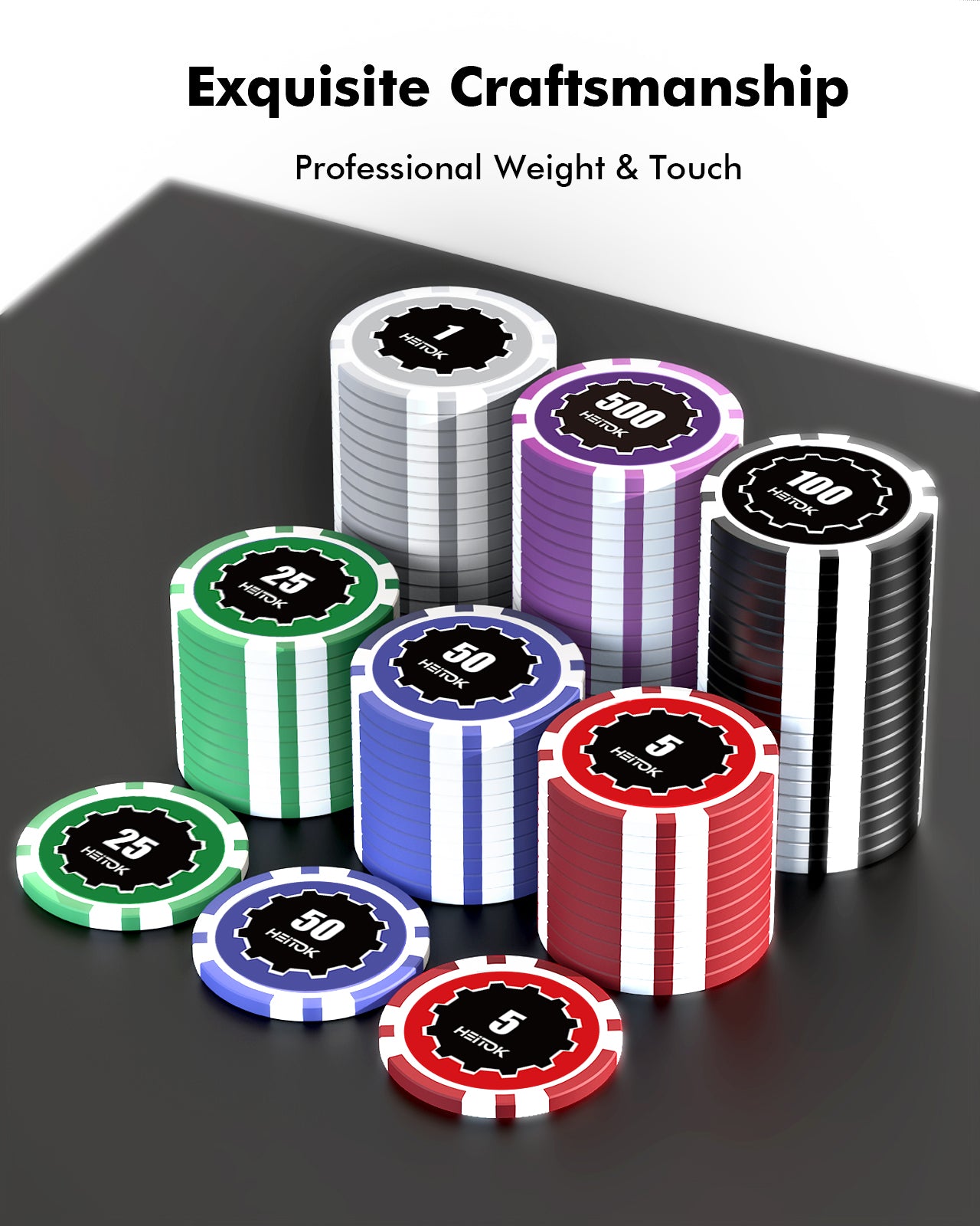 HEITOK Poker Chips with Denominations, 300-pcs 11.5g Weighted Numbered Casino Chips Set, 5 Dice, 2 Decks with Compact Aluminum Case for Texas Hold'em, Blackjack, Age 8 and Plus
