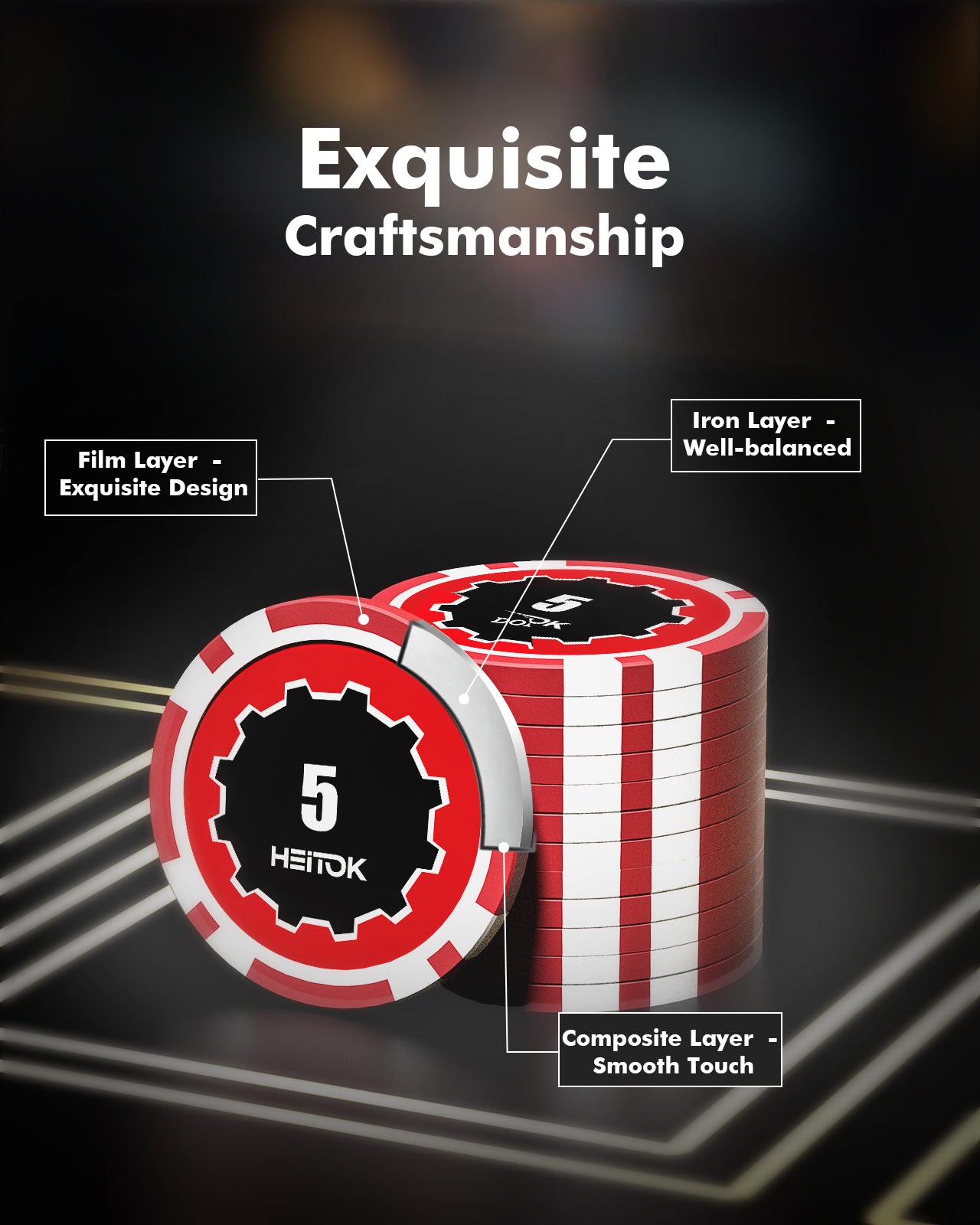 HEITOK Poker Chips with Denominations, 300-pcs 11.5g Weighted Numbered Casino Chips Set, 5 Dice, 2 Decks with Compact Aluminum Case for Texas Hold'em, Blackjack, Age 8 and Plus