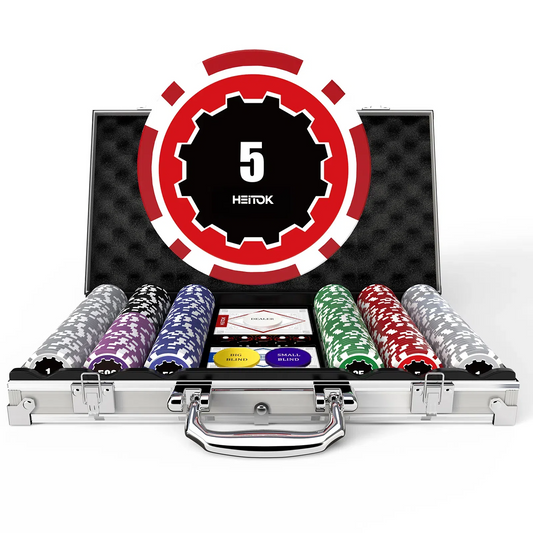 HEITOK Poker Chips with Denominations, 300-pcs 11.5g Weighted Numbered Casino Chips Set, 5 Dice, 2 Decks with Compact Aluminum Case for Texas Hold'em, Blackjack, Age 8 and Plus