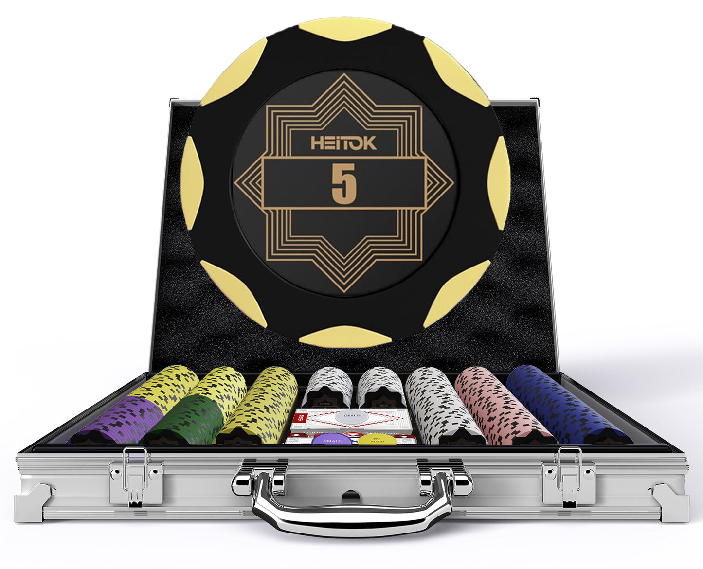 HEITOK Clay Poker Chips Set – 500pcs 14g Casino Grade Poker Chips with Denominations, Aluminum Carrying Case, 2 Decks, 5 Dice, Dealer Buttons – Professional Texas Holdem Kit for Home Game Night