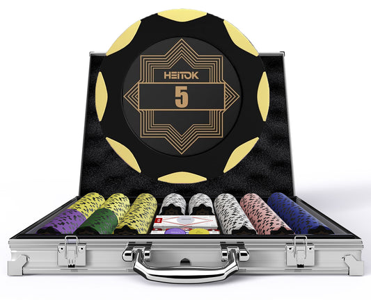 HEITOK Clay Poker Chips Set – 500pcs 14g Casino Grade Poker Chips with Denominations, Aluminum Carrying Case, 2 Decks, 5 Dice, Dealer Buttons – Professional Texas Holdem Kit for Home Game Night