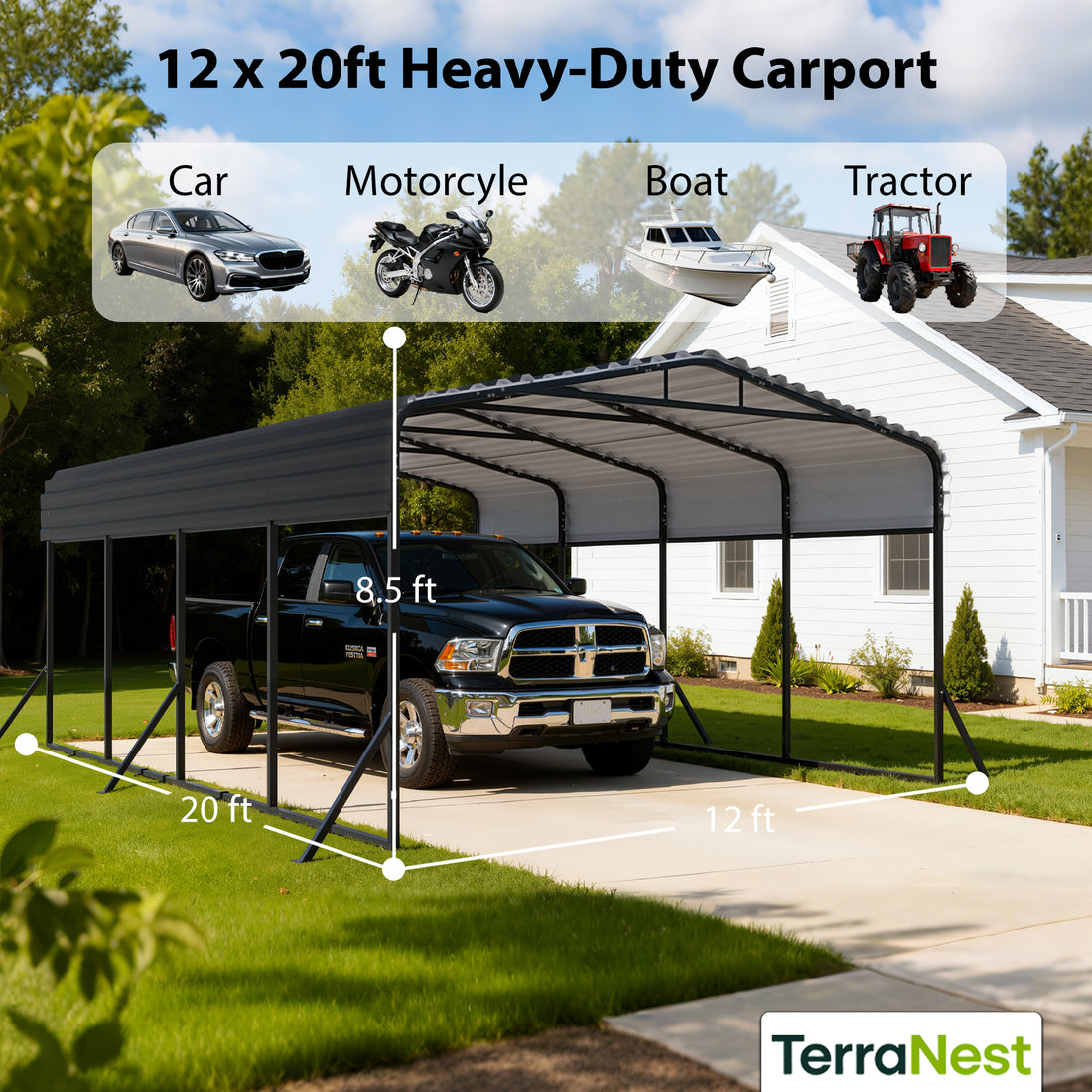 HEITOK - TerraNest Heavy Duty Metal Carport, 12' x 20' Outdoor Carport with Galvanized Steel Frame & Roof, Car Tent Garage Shade, Pre-Drilled Parts, Multi-Use Car Shelter for Pickup, Boat, Car & Tractors