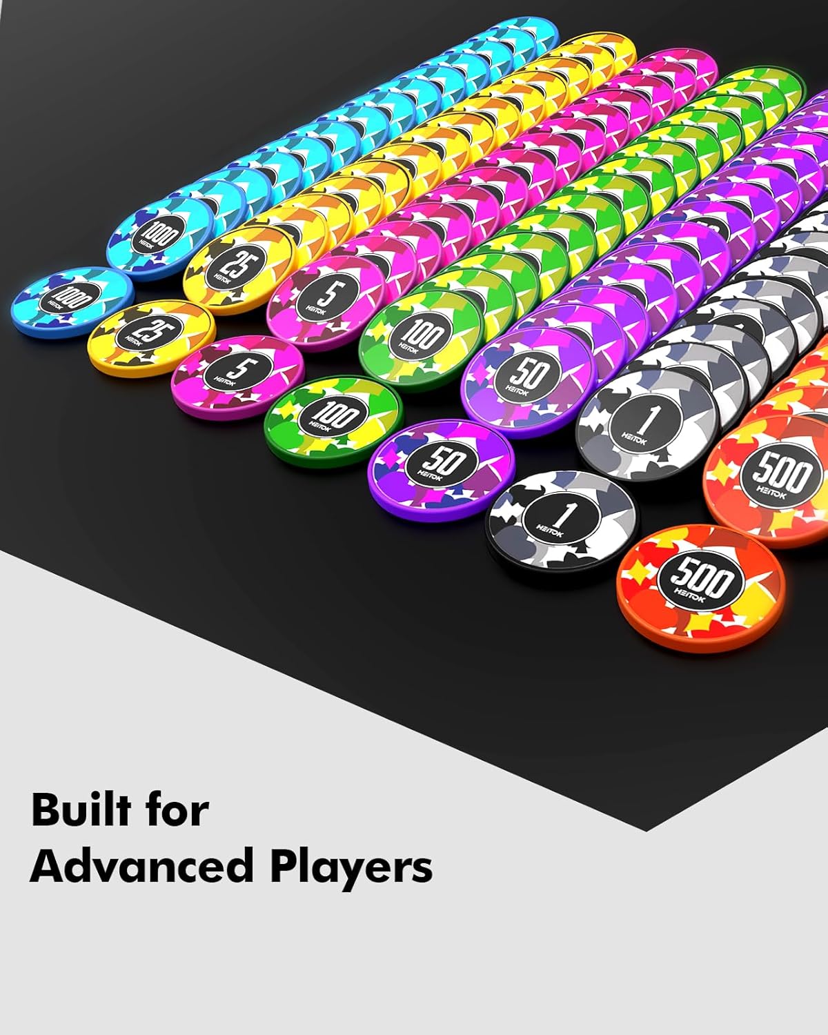 HEITOK - 500PCS Numbered Poker Chips Set (Prism Suits Series) Touch Chips Set