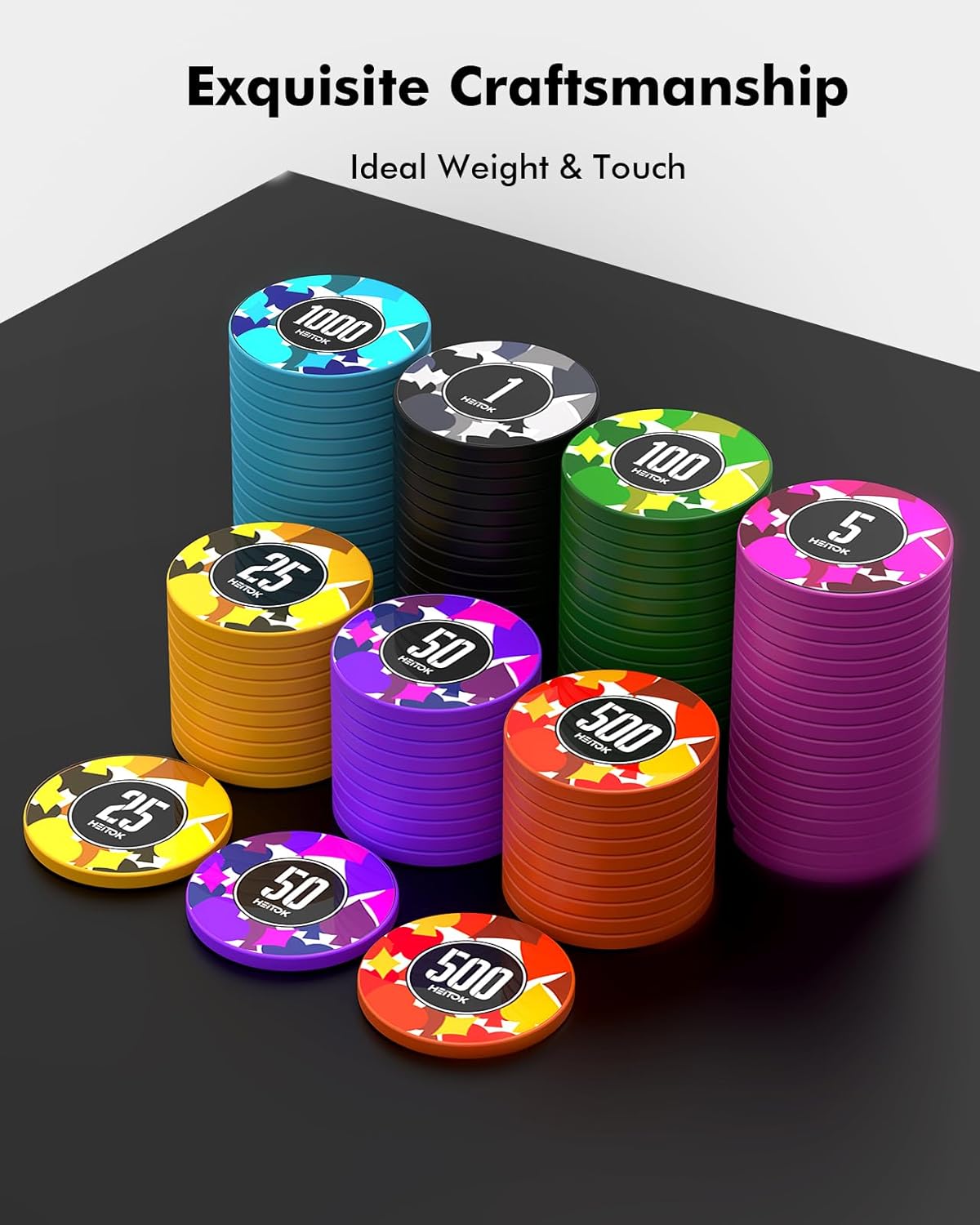HEITOK - 1000PCS Numbered Poker Chips Set (Prism Suits Series) Touch Chips Set