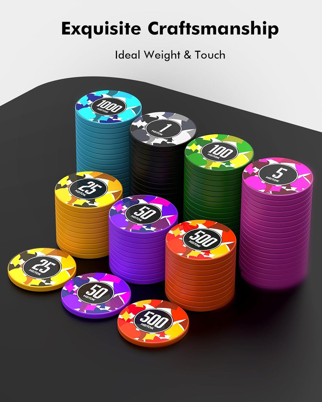 HEITOK - 500PCS Numbered Poker Chips Set (Prism Suits Series) Touch Chips Set