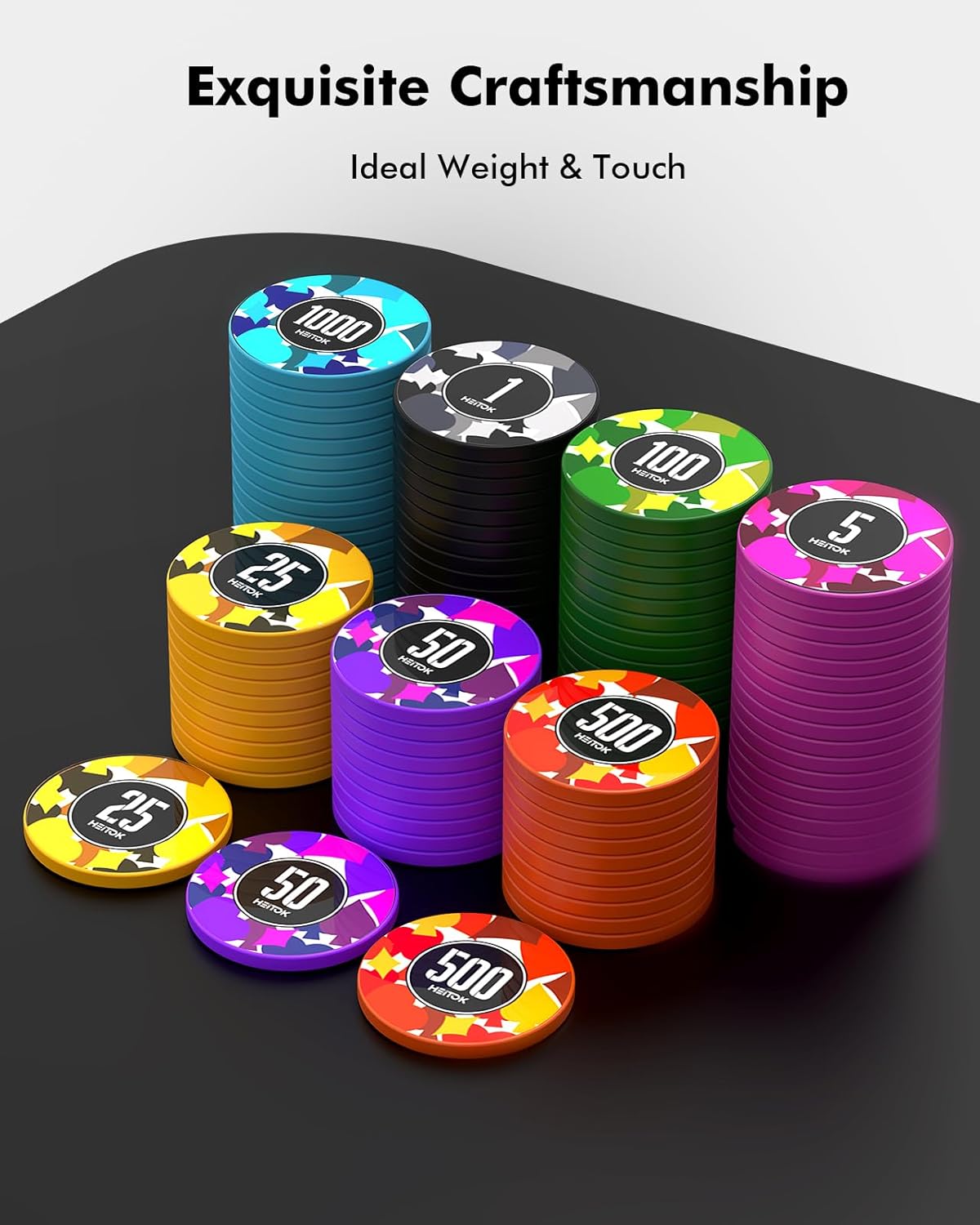 HEITOK - 500PCS Numbered Poker Chips Set (Prism Suits Series) Touch Chips Set