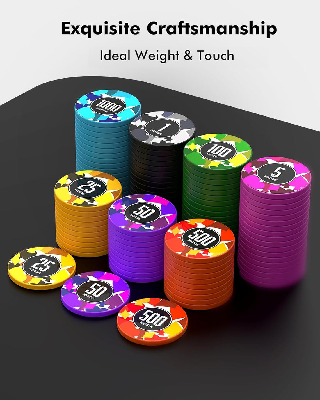 HEITOK - 300PCS Numbered Poker Chips Set (Prism Suits Series) Touch Chips Set