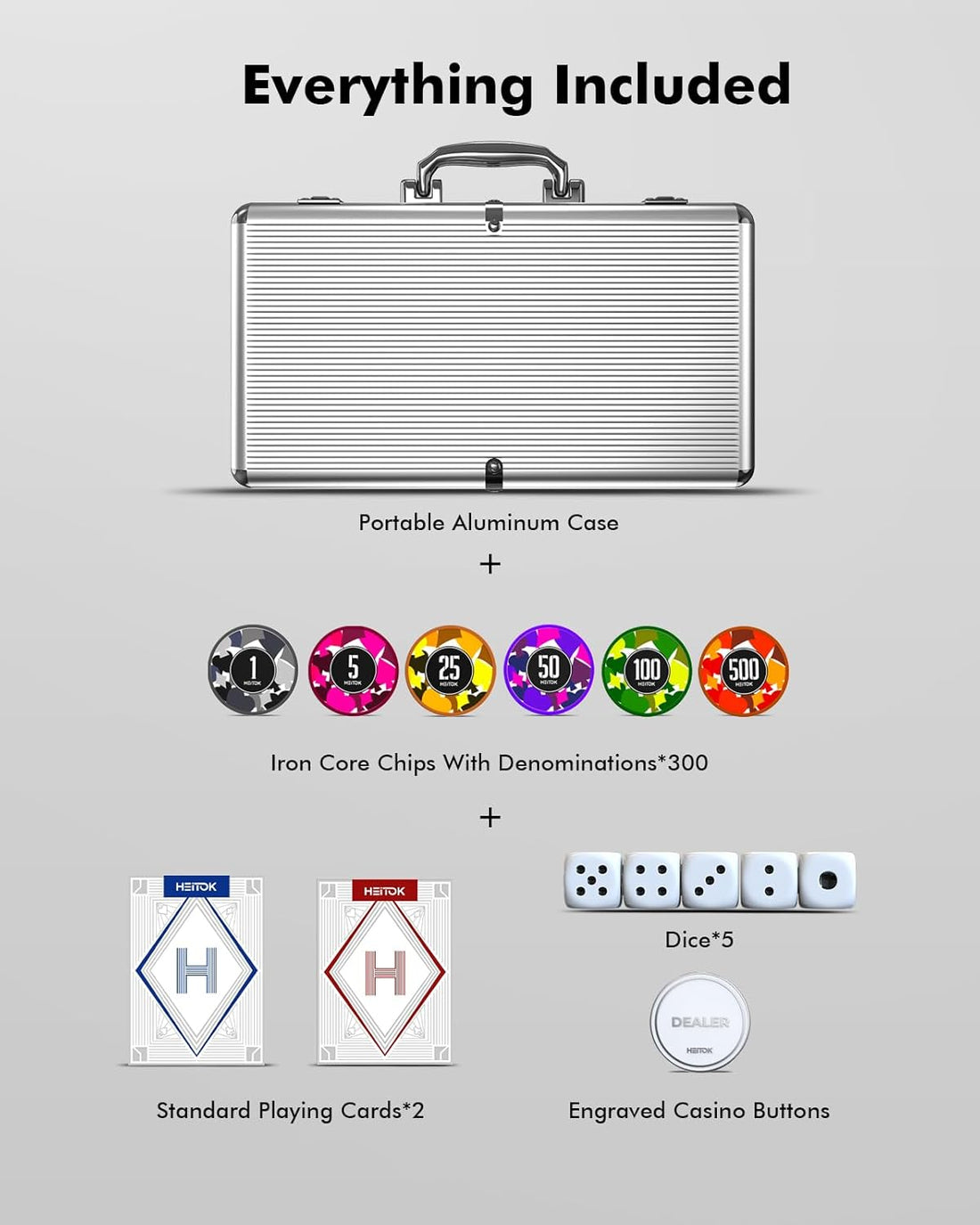 HEITOK - 300PCS Numbered Poker Chips Set (Prism Suits Series) Touch Chips Set