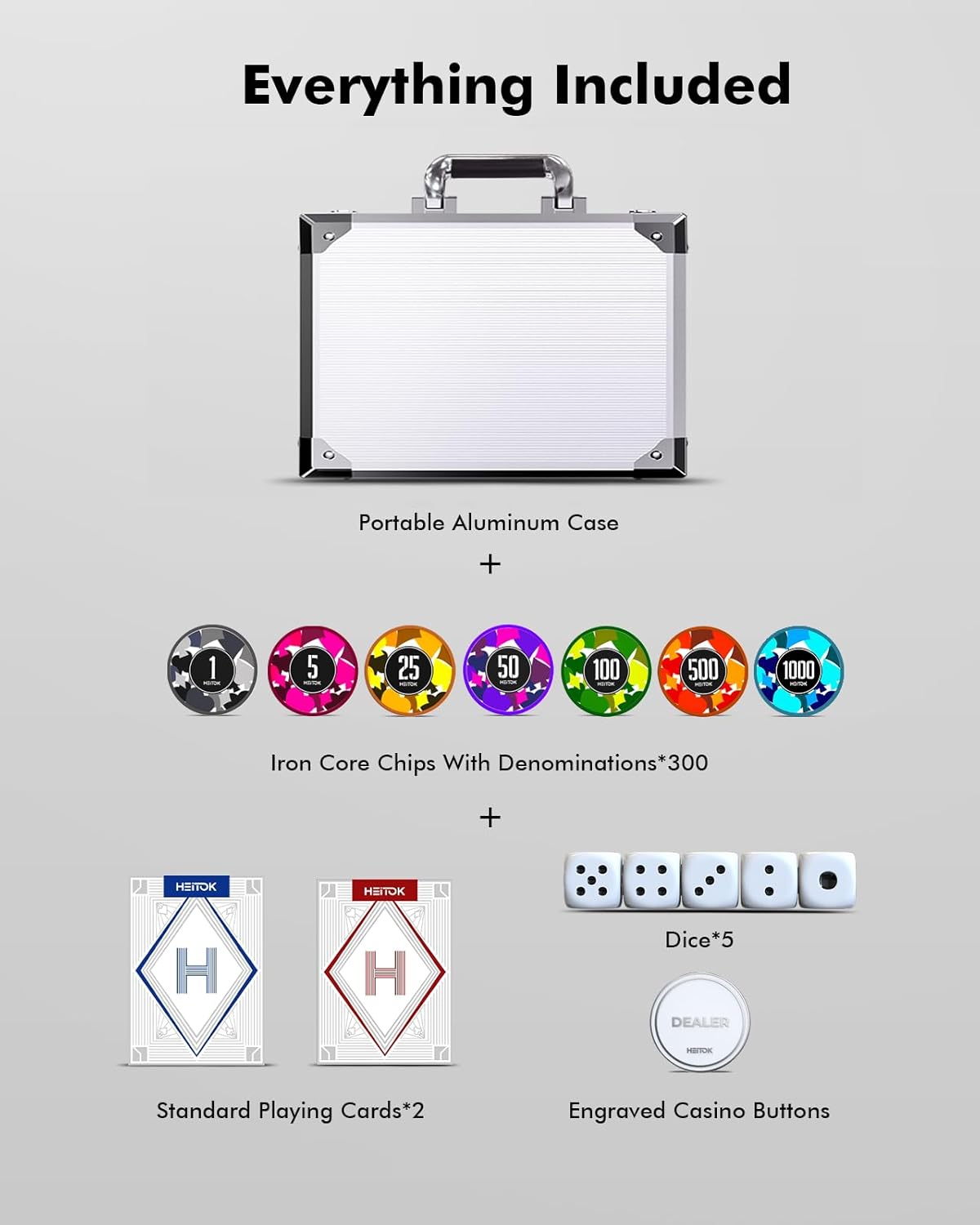 HEITOK - 1000PCS Numbered Poker Chips Set (Prism Suits Series) Touch Chips Set