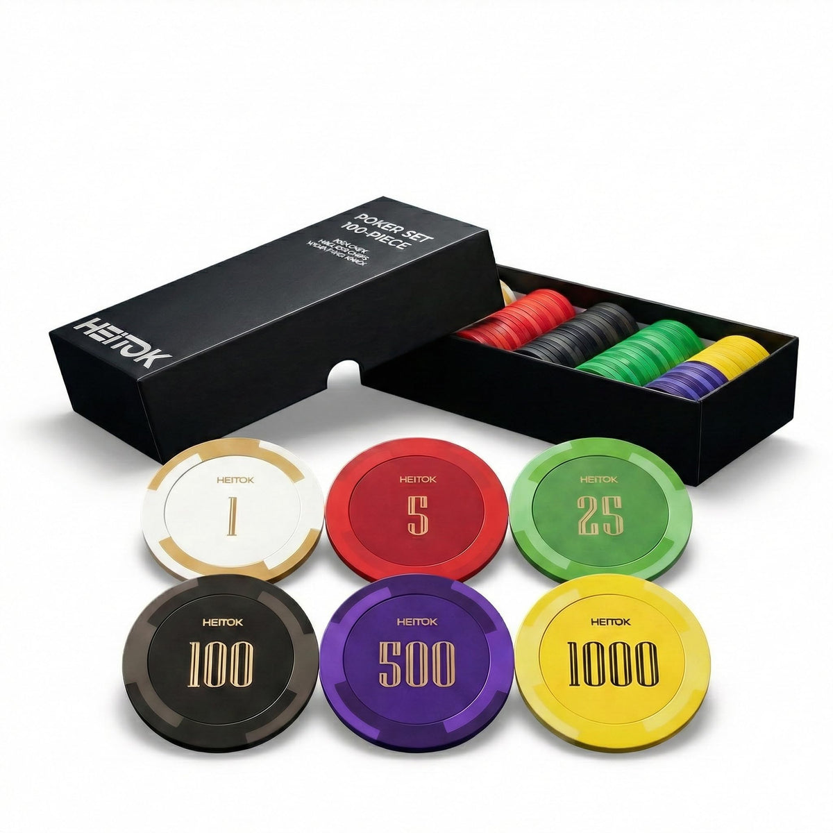 HEITOK - HEITOK Clay Poker Chips Set 100 PCS with Denominations, 14g Clay Composite Weighted Numbered Casino Chips with Cardboard Box for Texas Hold'em, Blackjack & Beginner Home Poker Games