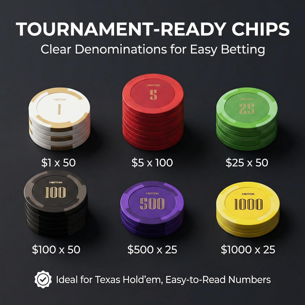 HEITOK - HEITOK Clay Poker Chips Set 300 PCS with Denominations, 14g Clay Composite Professional Casino Poker Chips with Aluminum Case for Texas Hold'em, Blackjack, Home Casino & Poker Night