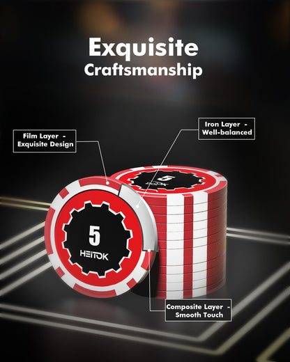 HEITOK Poker Chips with Denominations, 300-pcs 11.5g Weighted Numbered Casino Chips Set, 5 Dice, 2 Decks with Compact Aluminum Case for Texas Hold'em, Blackjack, Age 8 and Plus