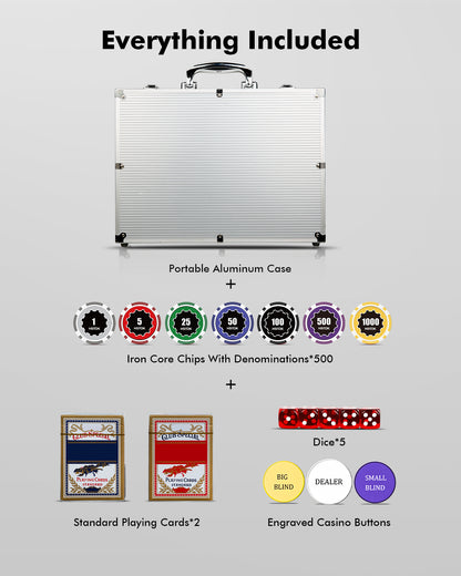 500PCS Touch Poker Chips Set with Denominations