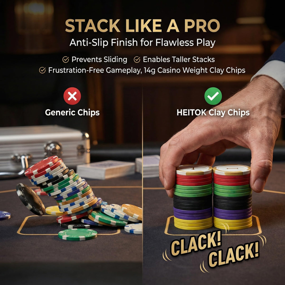 HEITOK - HEITOK Clay Poker Chips Set 200 PCS with Denominations, 14g Clay Composite Weighted Numbered Casino Chips with Aluminum Carrying Case for Texas Hold'em, Blackjack, Family Gambling & Game Nights