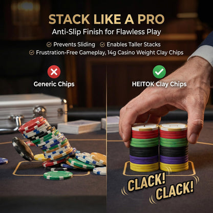 HEITOK - HEITOK Clay Poker Chips Set 200 PCS with Denominations, 14g Clay Composite Weighted Numbered Casino Chips with Aluminum Carrying Case for Texas Hold'em, Blackjack, Family Gambling & Game Nights