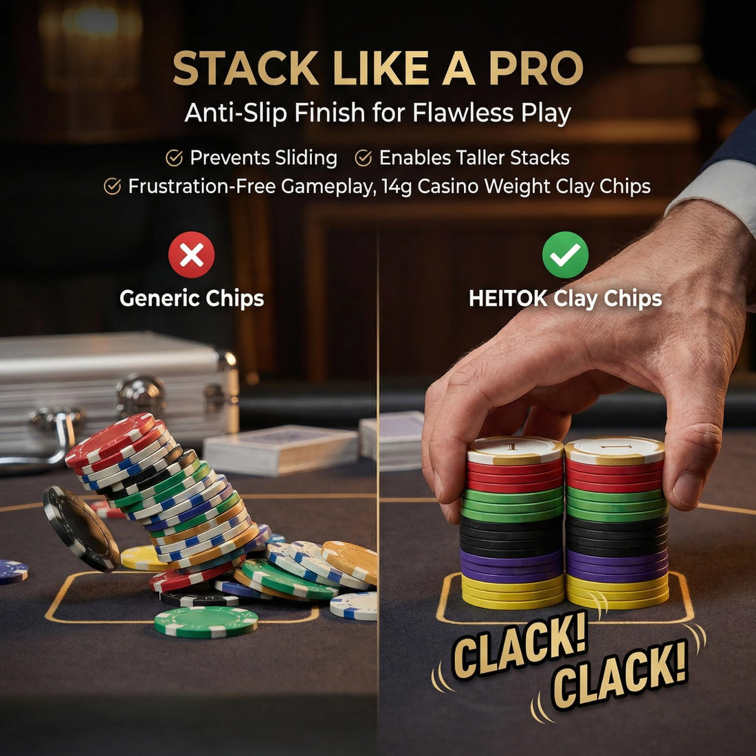 HEITOK - HEITOK Clay Poker Chips Set 300 PCS with Denominations, 14g Clay Composite Professional Casino Poker Chips with Aluminum Case for Texas Hold'em, Blackjack, Home Casino & Poker Night