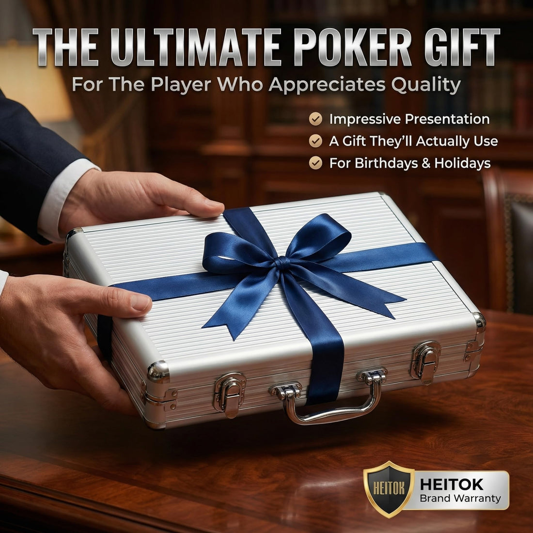 HEITOK - HEITOK Clay Poker Chips Set 300 PCS with Denominations, 14g Clay Composite Professional Casino Poker Chips with Aluminum Case for Texas Hold'em, Blackjack, Home Casino & Poker Night