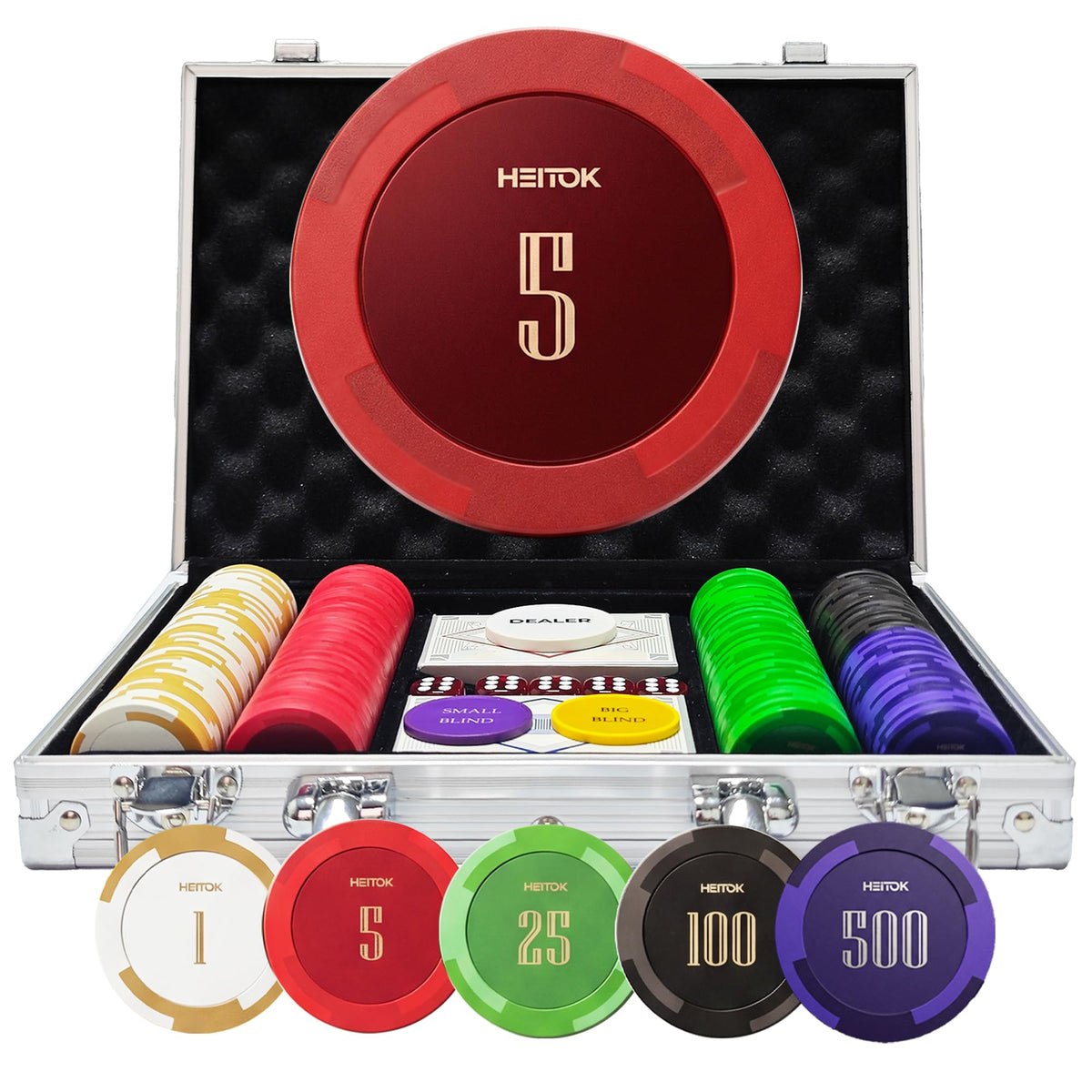HEITOK - HEITOK Clay Poker Chips Set 200 PCS with Denominations, 14g Clay Composite Weighted Numbered Casino Chips with Aluminum Carrying Case for Texas Hold'em, Blackjack, Family Gambling & Game Nights