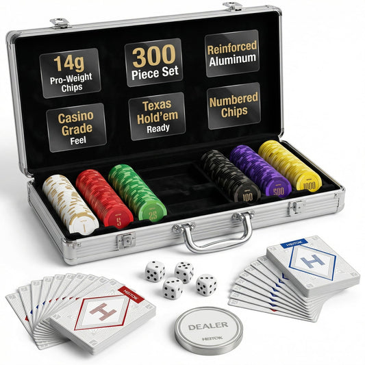 HEITOK - HEITOK Clay Poker Chips Set 300 PCS with Denominations, 14g Clay Composite Professional Casino Poker Chips with Aluminum Case for Texas Hold'em, Blackjack, Home Casino & Poker Night
