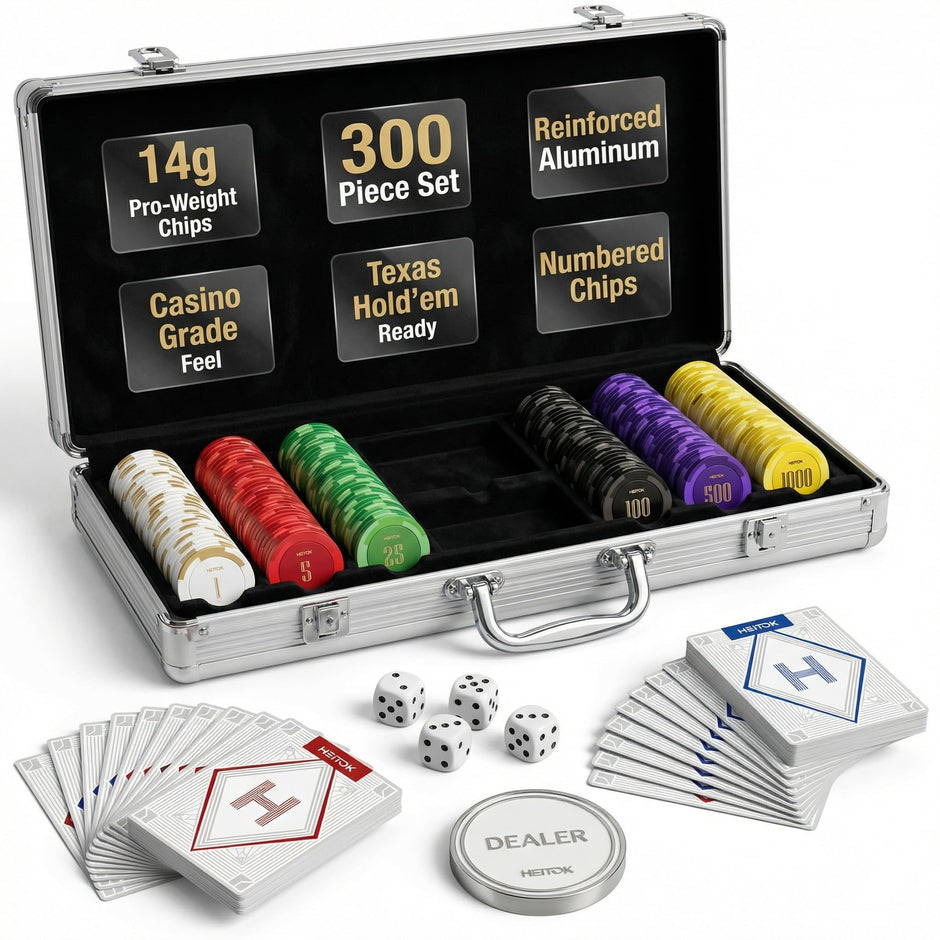 HEITOK - HEITOK Clay Poker Chips Set 300 PCS with Denominations, 14g Clay Composite Professional Casino Poker Chips with Aluminum Case for Texas Hold'em, Blackjack, Home Casino & Poker Night