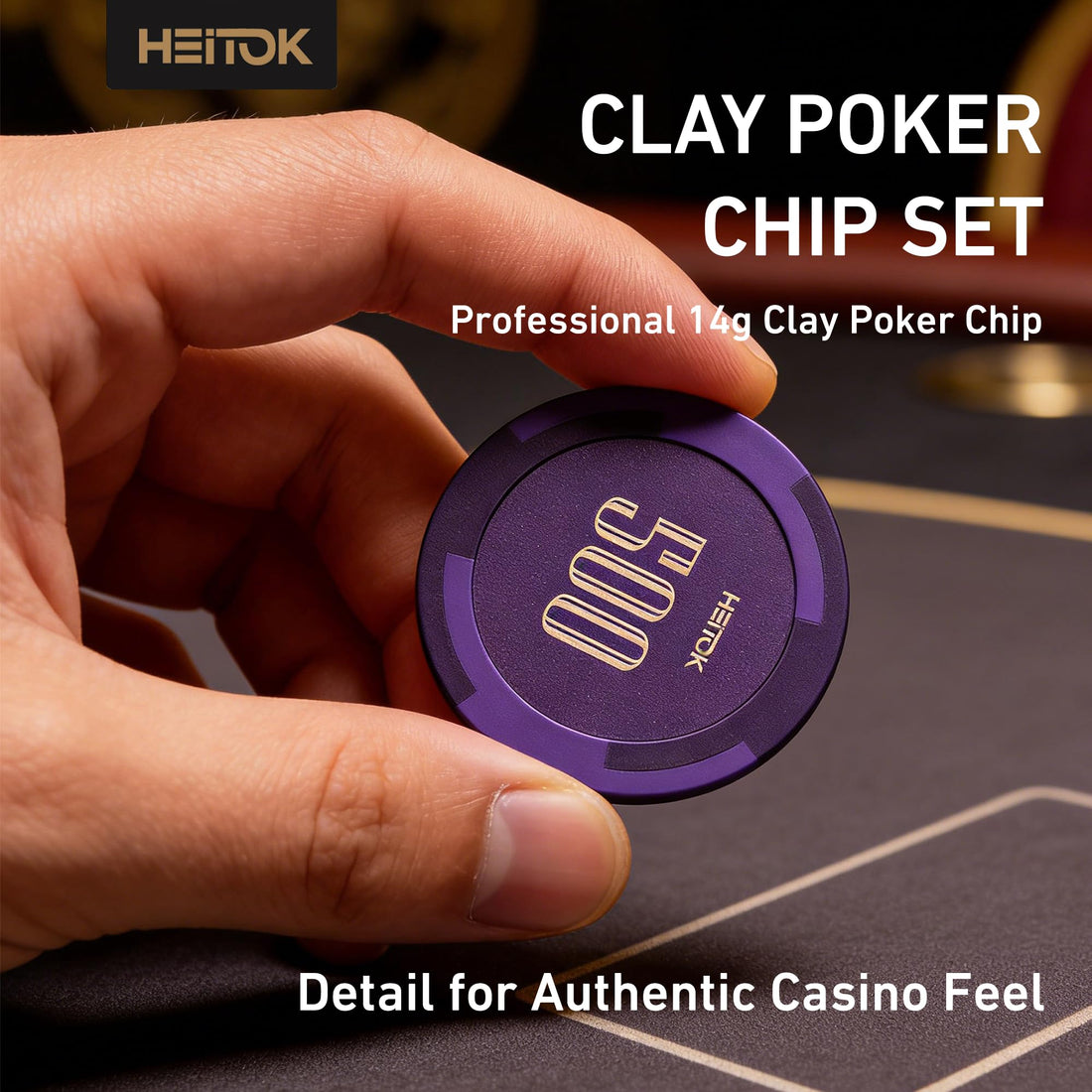 HEITOK - HEITOK Clay Poker Chips Set 200 PCS with Denominations, 14g Clay Composite Weighted Numbered Casino Chips with Aluminum Carrying Case for Texas Hold'em, Blackjack, Family Gambling & Game Nights