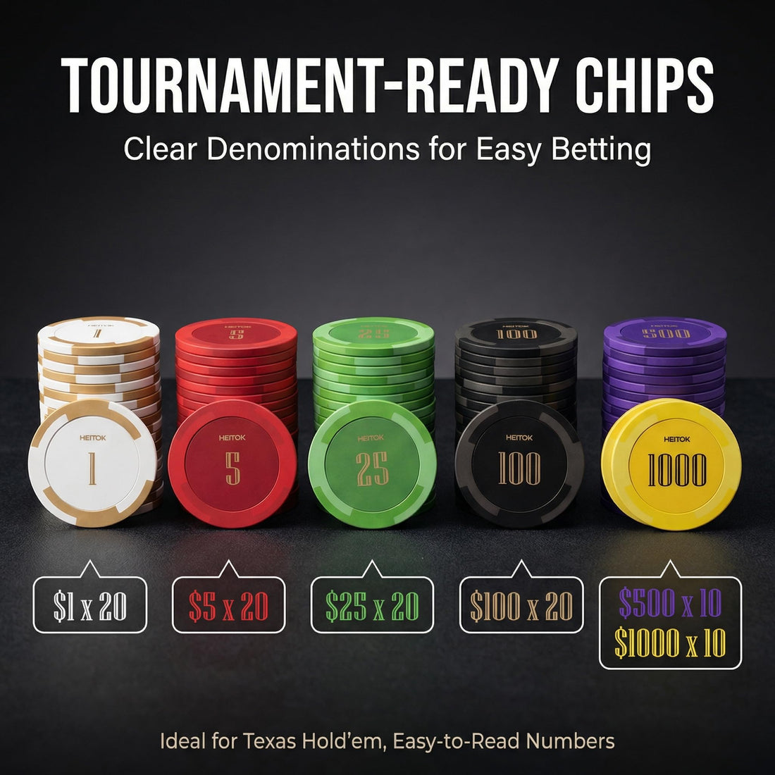 HEITOK - HEITOK Clay Poker Chips Set 100 PCS with Denominations, 14g Clay Composite Weighted Numbered Casino Chips with Cardboard Box for Texas Hold'em, Blackjack & Beginner Home Poker Games