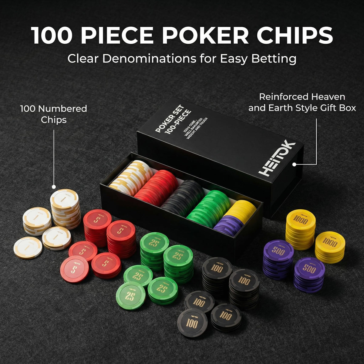 HEITOK - HEITOK Clay Poker Chips Set 100 PCS with Denominations, 14g Clay Composite Weighted Numbered Casino Chips with Cardboard Box for Texas Hold'em, Blackjack & Beginner Home Poker Games