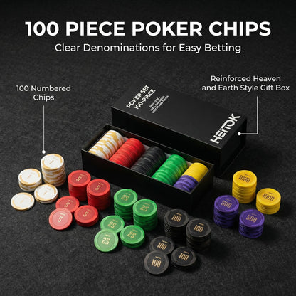 HEITOK - HEITOK Clay Poker Chips Set 100 PCS with Denominations, 14g Clay Composite Weighted Numbered Casino Chips with Cardboard Box for Texas Hold'em, Blackjack & Beginner Home Poker Games