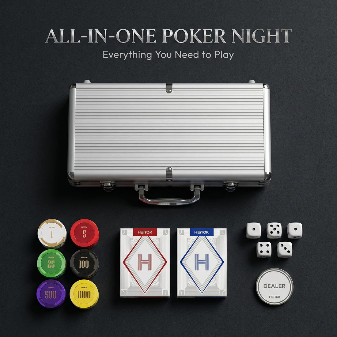 HEITOK - HEITOK Clay Poker Chips Set 500 PCS with Denominations, 14g Clay Composite Weighted Casino Poker Chips with Aluminum Travel Case for Texas Hold'em, Blackjack, Home Tournaments & Cash Games Clay Poker Chips Set