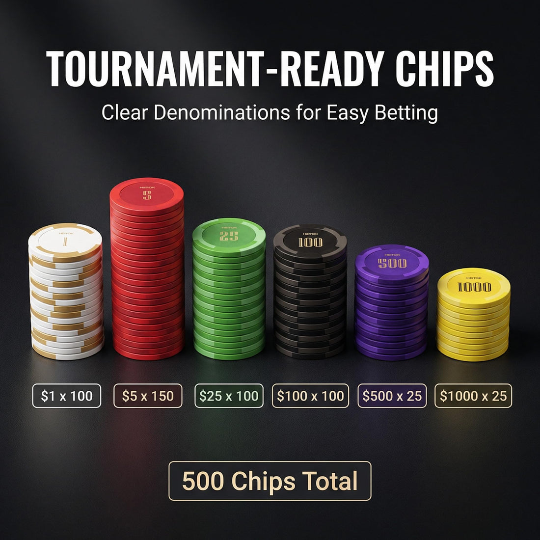 HEITOK - HEITOK Clay Poker Chips Set 500 PCS with Denominations, 14g Clay Composite Weighted Casino Poker Chips with Aluminum Travel Case for Texas Hold'em, Blackjack, Home Tournaments & Cash Games Clay Poker Chips Set