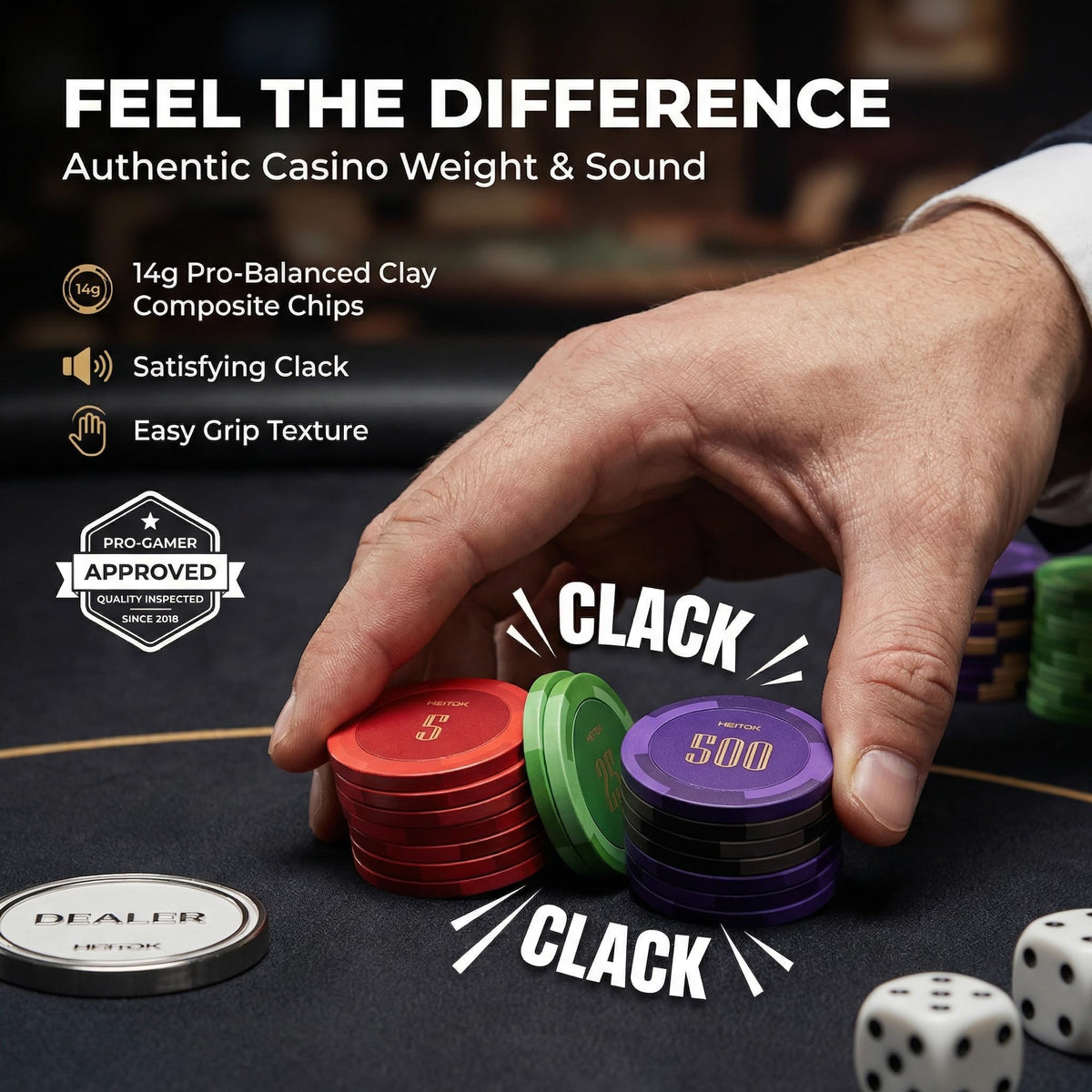 HEITOK - HEITOK Clay Poker Chips Set 200 PCS with Denominations, 14g Clay Composite Weighted Numbered Casino Chips with Aluminum Carrying Case for Texas Hold'em, Blackjack, Family Gambling & Game Nights