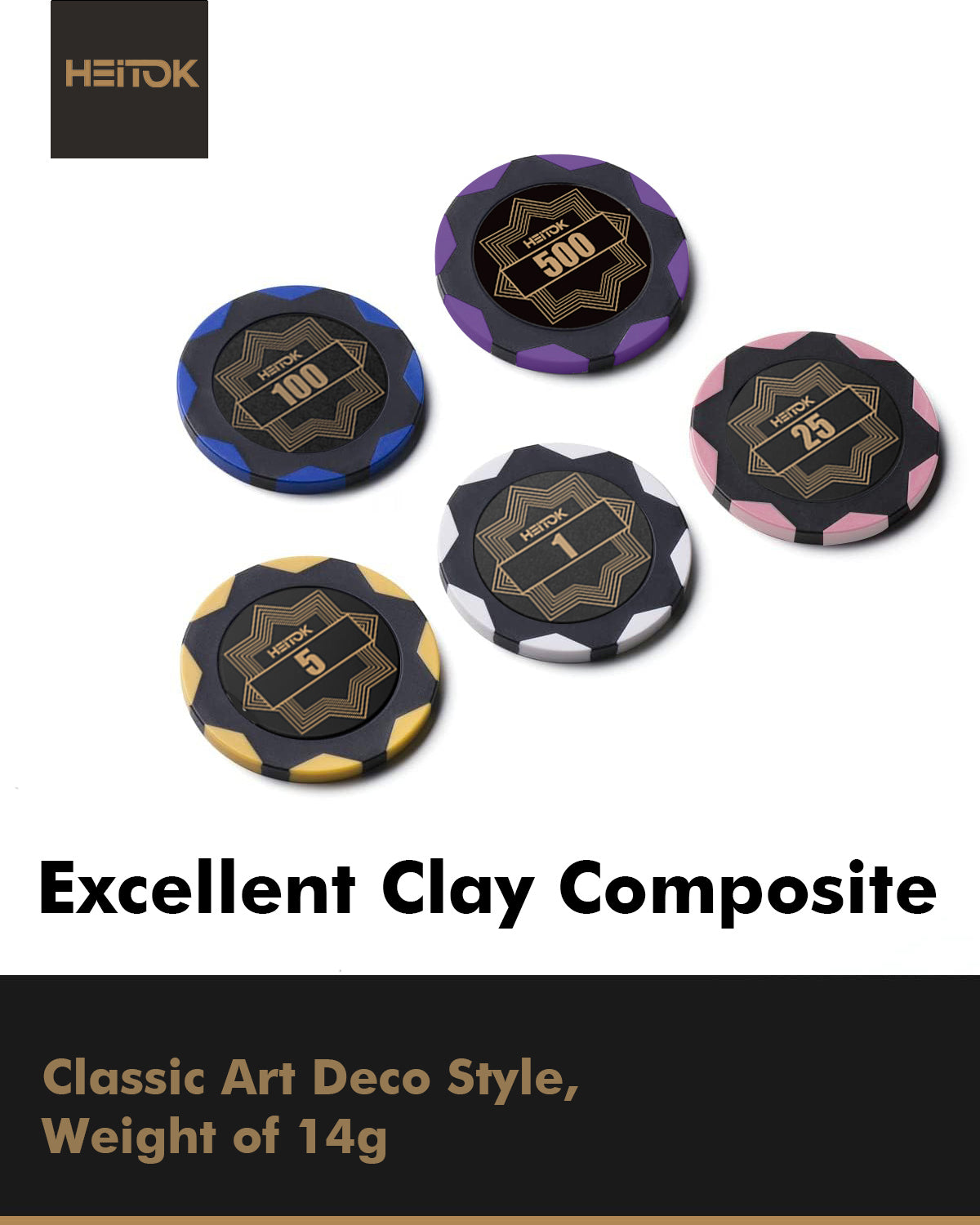 HEITOK Clay Poker Chips Set – 300pcs 14g Casino Grade Poker Chips with Denominations, Aluminum Carrying Case, 2 Decks, 5 Dice, Dealer Buttons – Professional Texas Holdem Kit for Home Game Night