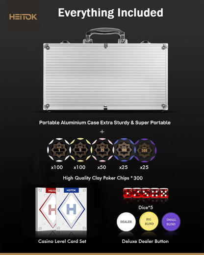 HEITOK Clay Poker Chips Set – 300pcs 14g Casino Grade Poker Chips with Denominations, Aluminum Carrying Case, 2 Decks, 5 Dice, Dealer Buttons – Professional Texas Holdem Kit for Home Game Night