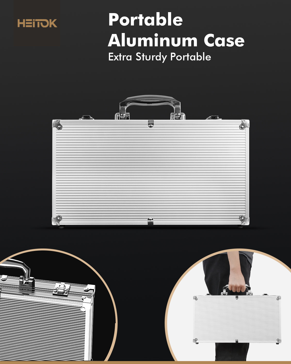 HEITOK Clay Poker Chips Set – 300pcs 14g Casino Grade Poker Chips with Denominations, Aluminum Carrying Case, 2 Decks, 5 Dice, Dealer Buttons – Professional Texas Holdem Kit for Home Game Night