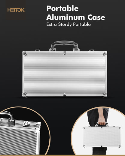 HEITOK Clay Poker Chips Set – 300pcs 14g Casino Grade Poker Chips with Denominations, Aluminum Carrying Case, 2 Decks, 5 Dice, Dealer Buttons – Professional Texas Holdem Kit for Home Game Night