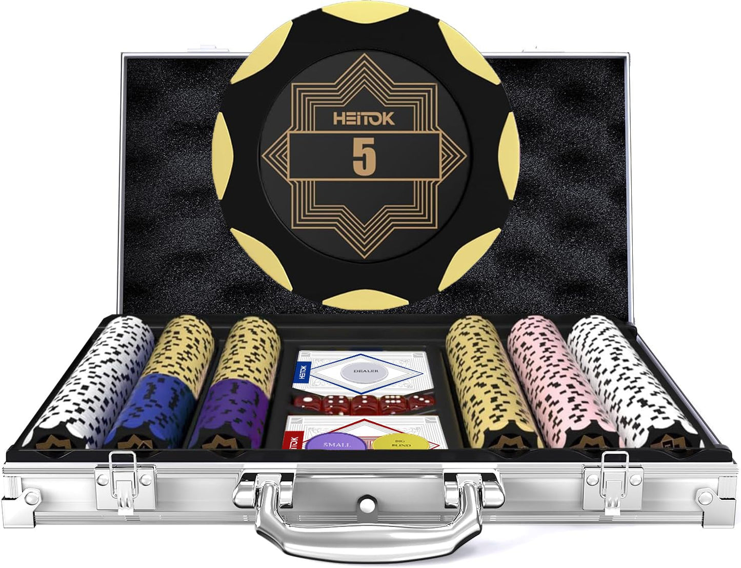 HEITOK Clay Poker Chips Set – 300pcs 14g Casino Grade Poker Chips with Denominations, Aluminum Carrying Case, 2 Decks, 5 Dice, Dealer Buttons – Professional Texas Holdem Kit for Home Game Night