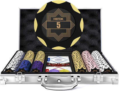HEITOK Clay Poker Chips Set – 300pcs 14g Casino Grade Poker Chips with Denominations, Aluminum Carrying Case, 2 Decks, 5 Dice, Dealer Buttons – Professional Texas Holdem Kit for Home Game Night