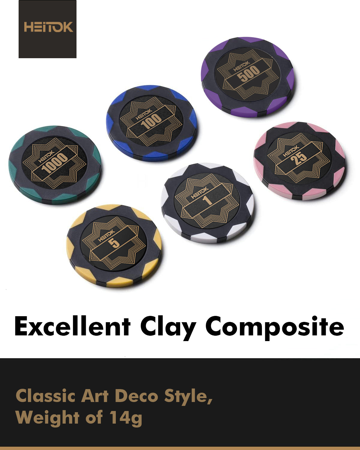 HEITOK - HEITOK Clay Poker Chips Set – 500pcs 14g Casino Grade Poker Chips with Denominations, Aluminum Carrying Case, 2 Decks, 5 Dice, Dealer Buttons – Professional Texas Holdem Kit for Home Game Night Clay Poker Chips Set
