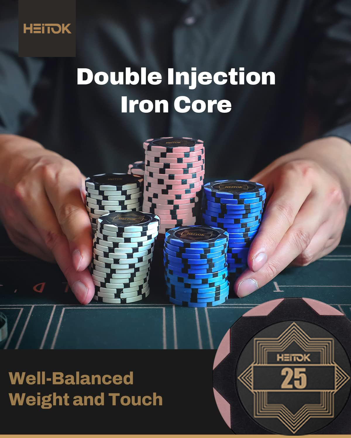 HEITOK Clay Poker Chips Set – 500pcs 14g Casino Grade Poker Chips with Denominations, Aluminum Carrying Case, 2 Decks, 5 Dice, Dealer Buttons – Professional Texas Holdem Kit for Home Game Night