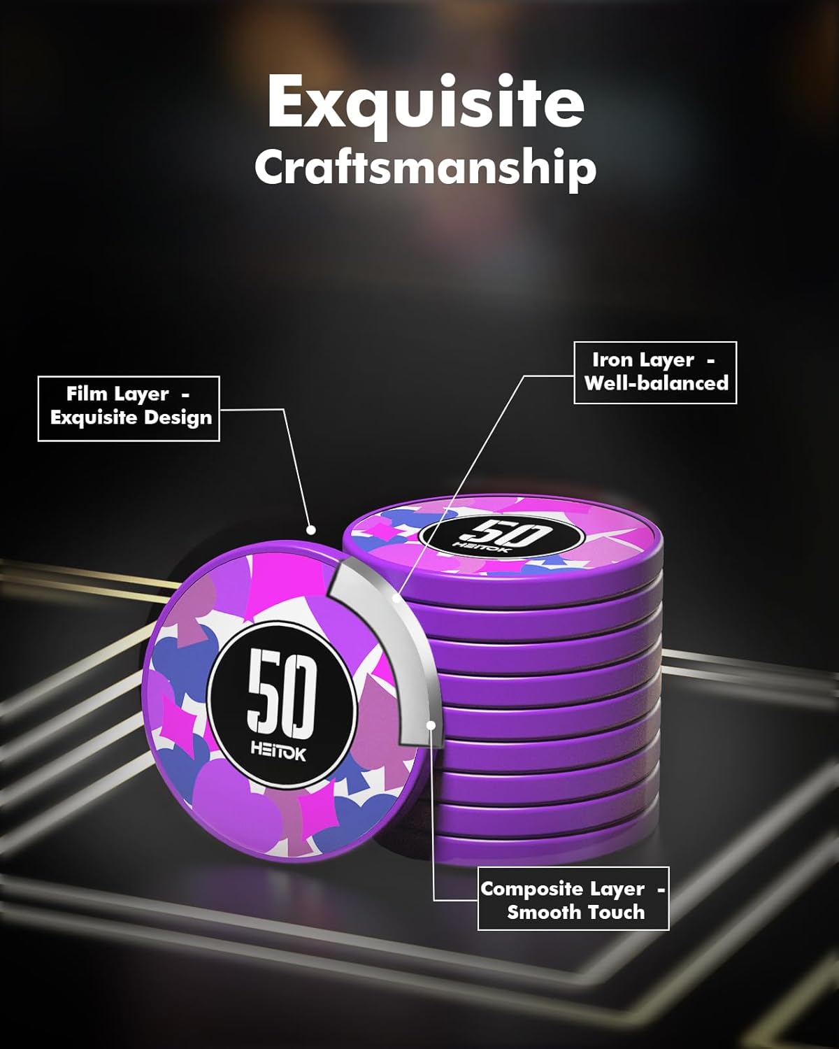 HEITOK - 300PCS Numbered Poker Chips Set (Prism Suits Series) Touch Chips Set