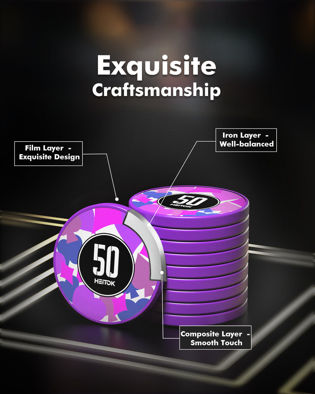 HEITOK - 100PCS Numbered Poker Chips Set (Prism Suits Series) Touch Chips Set